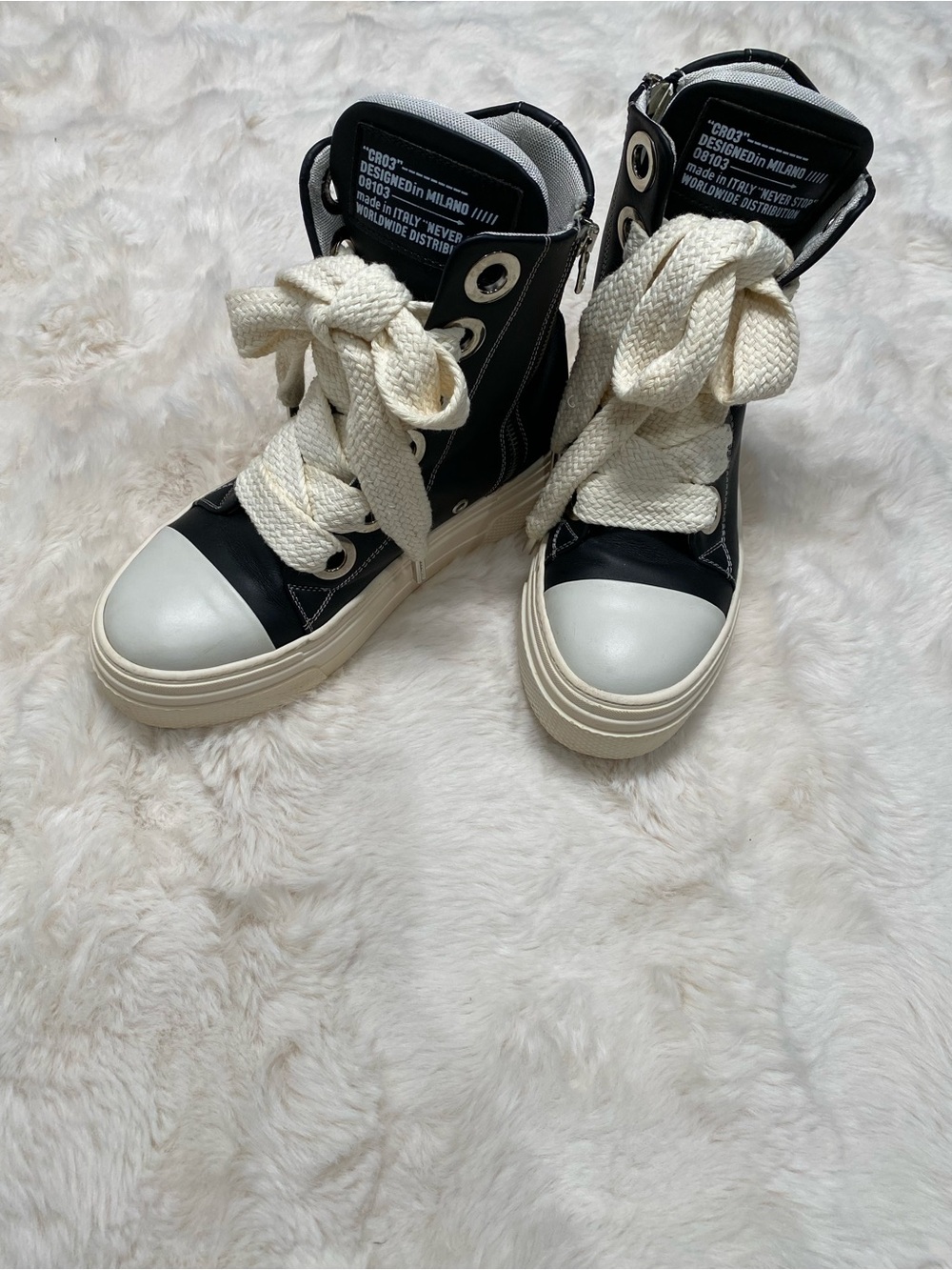 High-Top Platform Lace Sneakers in Black and Cream